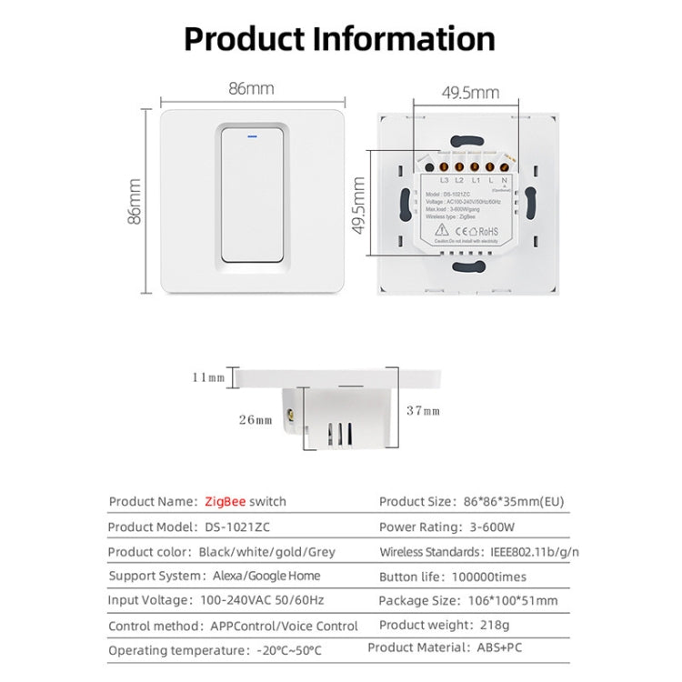 Tuya ZigBee Smart Single-fire Zero-fire Sharing Switch Phone Control Voice Panel EU Plug, Spec: 3 Buttons - Smart Switch by PMC TechLife | Online Shopping South Africa | PMC TechLife