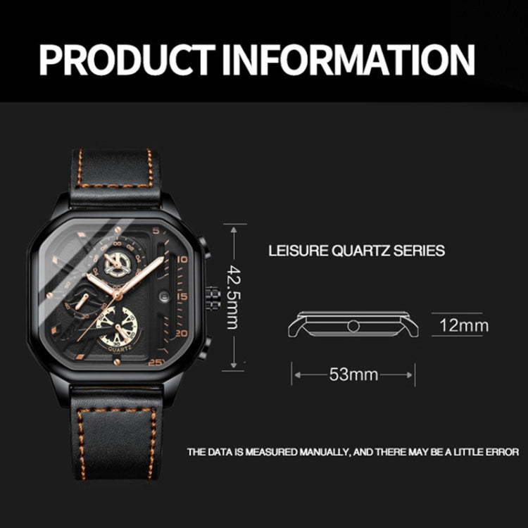 BINBOND B6577 30M Waterproof Luminous Square Quartz Watch, Color: Black Steel-Black-Rose Gold - Metal Strap Watches by BINBOND | Online Shopping South Africa | PMC Jewellery | Buy Now Pay Later Mobicred