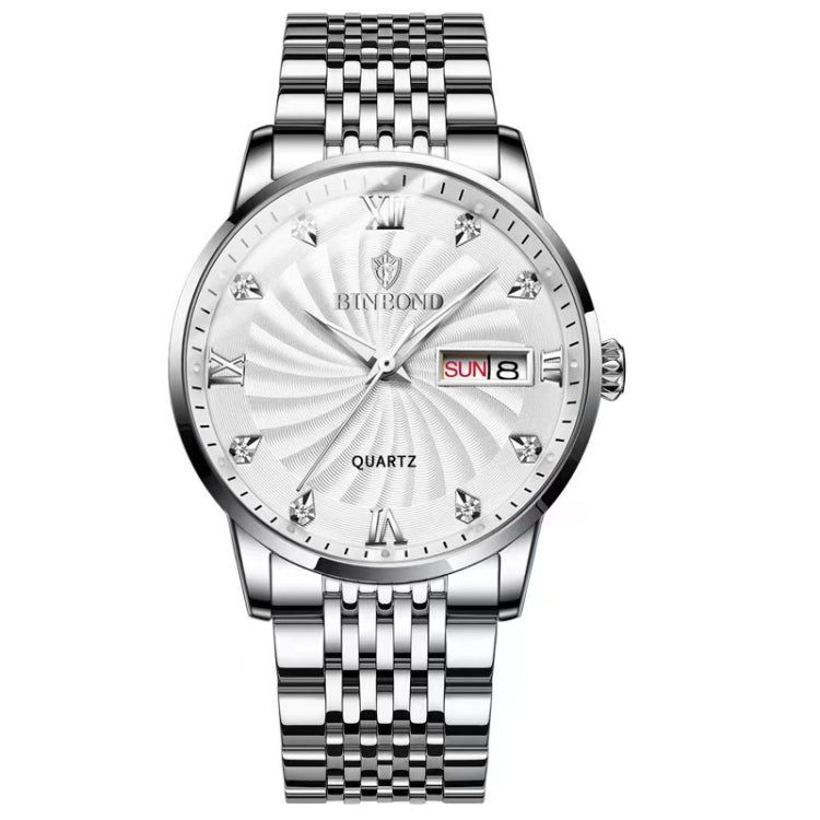 BINBOND B3034 Diamond 30m Waterproof Business Watch Men's Butterfly Buckle Luminous Quartz Watch(White Steel-White) - Metal Strap Watches by BINBOND | Online Shopping South Africa | PMC Jewellery | Buy Now Pay Later Mobicred