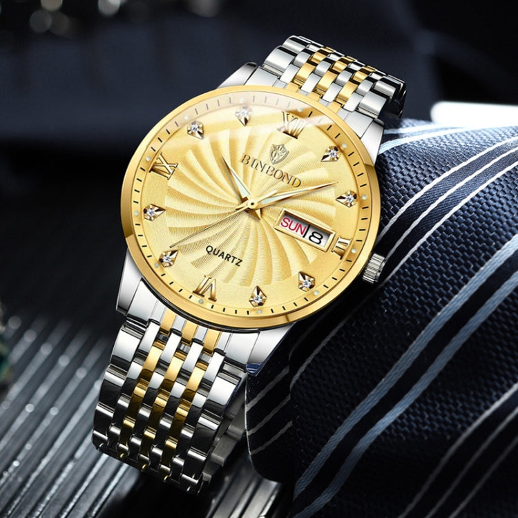 BINBOND B3034 Diamond 30m Waterproof Business Watch Men's Butterfly Buckle Luminous Quartz Watch(Inter-gold-Black) - Metal Strap Watches by BINBOND | Online Shopping South Africa | PMC Jewellery | Buy Now Pay Later Mobicred