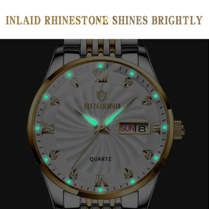 BINBOND B3034 Diamond 30m Waterproof Business Watch Men's Butterfly Buckle Luminous Quartz Watch(White Steel-White) - Metal Strap Watches by BINBOND | Online Shopping South Africa | PMC Jewellery | Buy Now Pay Later Mobicred