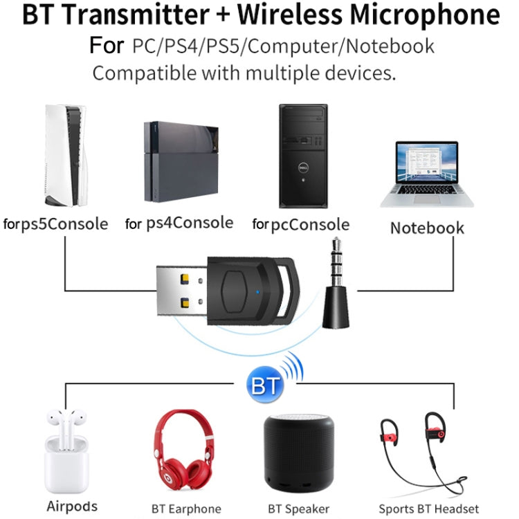 For PS4 / PS5 / PC HS-PS5101 Bluetooth 5.0 Adapter Audio Receiver Wireless Headset Transmitter(Black) - Audio Receiver Transmitter by PMC Jewellery | Online Shopping South Africa | PMC Jewellery