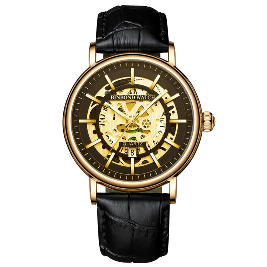 BINBOND B7872 Multifunctional Hollow Luminous Waterproof Quartz Watch, Color: Black Leather-Full-gold-Black - Leather Strap Watches by BINBOND | Online Shopping South Africa | PMC Jewellery | Buy Now Pay Later Mobicred