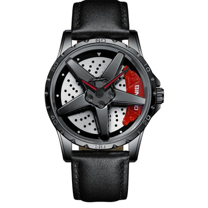 BINBOND D002 Car Hub Dial Multifunctional Waterproof and Wear-resistant Men's Watch(Black Leather-Black-Red) - Leather Strap Watches by BINBOND | Online Shopping South Africa | PMC Jewellery | Buy Now Pay Later Mobicred