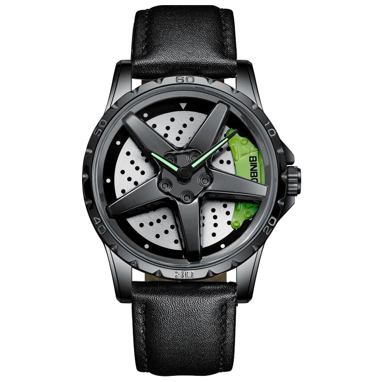 BINBOND D002 Car Hub Dial Multifunctional Waterproof and Wear-resistant Men's Watch(Black Leather-Black-Green) - Leather Strap Watches by BINBOND | Online Shopping South Africa | PMC Jewellery | Buy Now Pay Later Mobicred