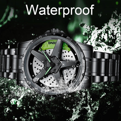 BINBOND D002 Car Hub Dial Multifunctional Waterproof and Wear-resistant Men's Watch(Black Leather-Black-Green) - Leather Strap Watches by BINBOND | Online Shopping South Africa | PMC Jewellery | Buy Now Pay Later Mobicred