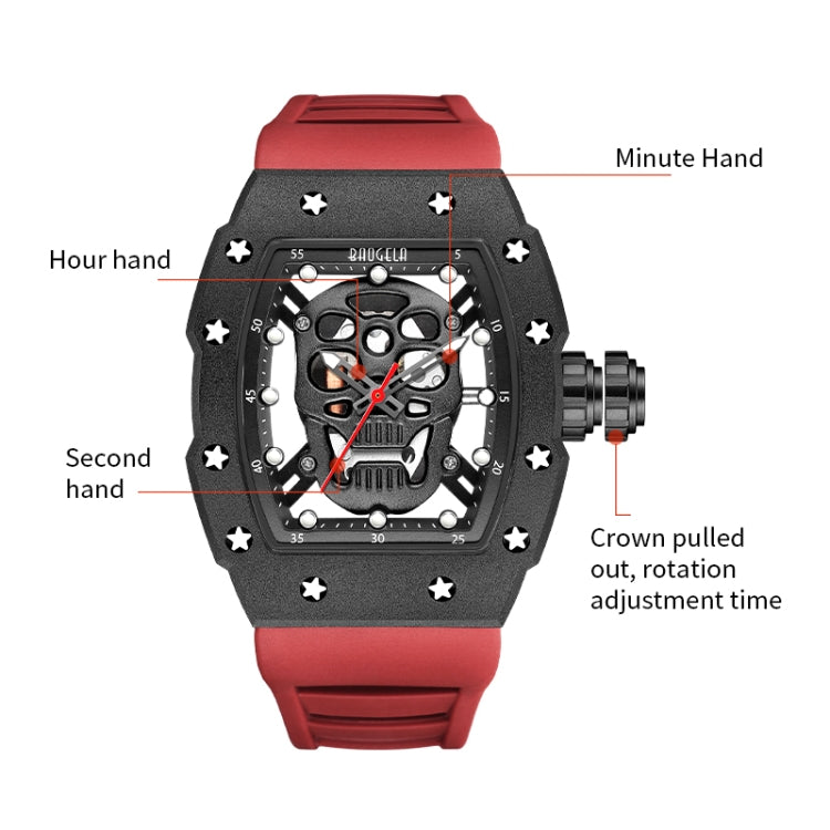 BAOGELA 224141 Hollow Skull Luminous Sports 304 Stainless Steel Silicone Men Watch(Black Shell Black Face Red Belt) - Silicone Strap Watches by BAOGELA | Online Shopping South Africa | PMC Jewellery