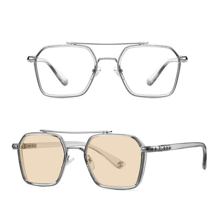 A5 Double Beam Polarized Color Changing Myopic Glasses, Lens: -400 Degrees Change Tea Color(Gray Silver Frame) - Plain Glass Spectacles by PMC Jewellery | Online Shopping South Africa | PMC Jewellery