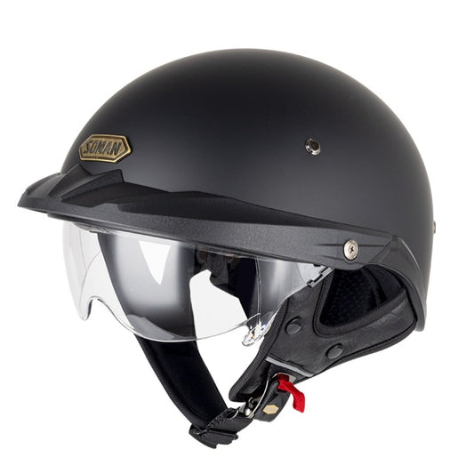 SOMAN Motorcycle Half Helmet Adjustable Helmet With Inner Mirror, Size: M(Matte Black with Transparent Mirror) - Helmets by SOMAN | Online Shopping South Africa | PMC Jewellery | Buy Now Pay Later Mobicred