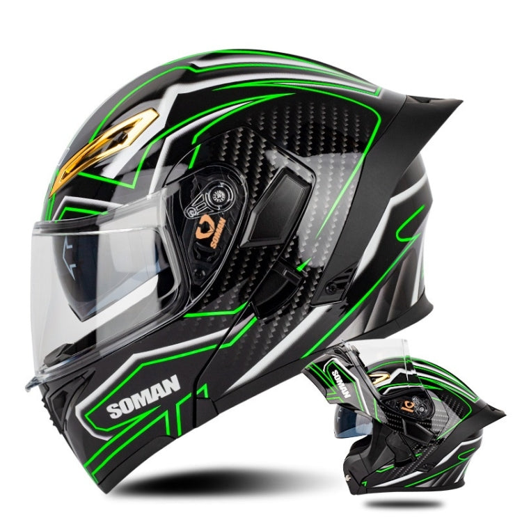 SOMAN Motorcycle Dual Lens Riding Peel-Off Full Coverage Helmet, Size: M(Bright Black Green) - free shipping - PMC TechLife - Order now!