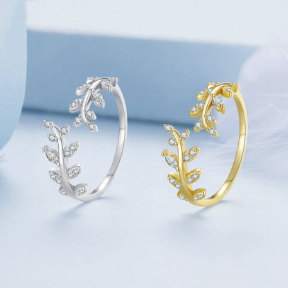 Willow Leaf Opening Sterling Silver Simple Zirconia Tree Branch Ring Bracelet(Golden) - Rings by PMC Jewellery | Online Shopping South Africa | PMC Jewellery