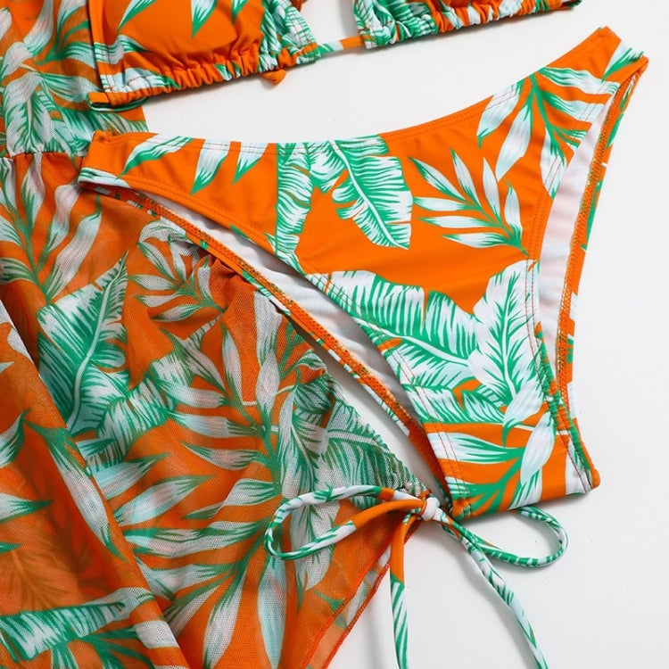 Leaf-print Waist Lace-up Three-Piece Bikini Set Long-sleeved Beach Sun Protection Swimsuit, Size: M(Light Leaf) - Swimwear by PMC Jewellery | Online Shopping South Africa | PMC Jewellery