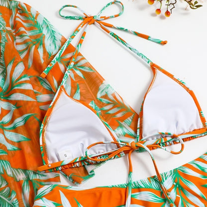 Leaf-print Waist Lace-up Three-Piece Bikini Set Long-sleeved Beach Sun Protection Swimsuit, Size: S(Light Leaf) - Swimwear by PMC Jewellery | Online Shopping South Africa | PMC Jewellery