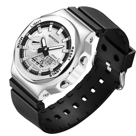 SANDA Octagonal Oak Hand Lamp Waterproof Sports Alarm Clock Men Watch(Black Silver) - Silicone Strap Watches by SANDA | Online Shopping South Africa | PMC Jewellery