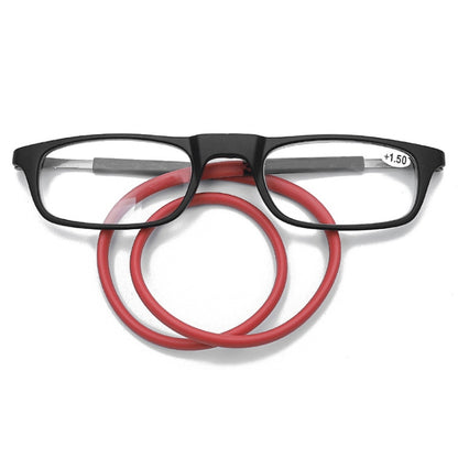 Portable Magnetic Hanging Neck Retractable Reading Glasses +150(Black Frame Red Legs) - Presbyopic Glasses by PMC Jewellery | Online Shopping South Africa | PMC Jewellery