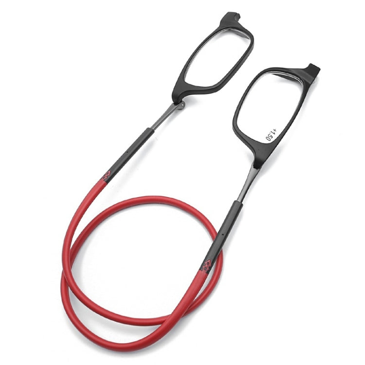 Portable Magnetic Hanging Neck Retractable Reading Glasses +150(Black Frame Red Legs) - Presbyopic Glasses by PMC Jewellery | Online Shopping South Africa | PMC Jewellery