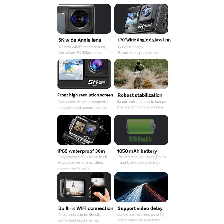 5K/30FPS WIFI HD Anti-Shake Remote Touch Dual-Screen IP68 Waterproof Sports Camera, Style: Black - Other Camera by PMC TechLife | Online Shopping South Africa | PMC TechLife