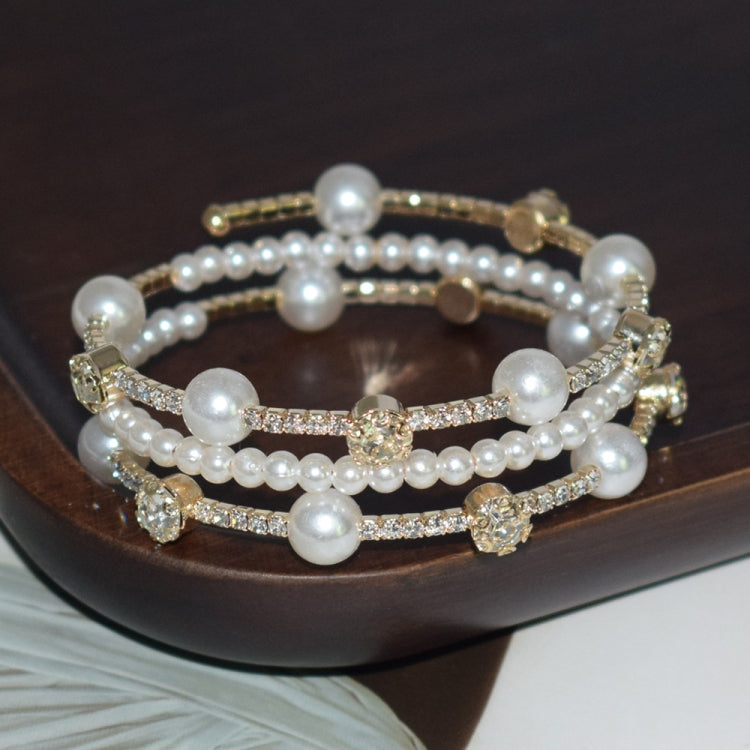 3 Row Gold Simple Rhinestone Pearl Wrapped Arm Bracelet Versatile Bracelet - Bracelets by PMC Jewellery | Online Shopping South Africa | PMC Jewellery