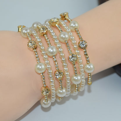 7 Row Gold Simple Rhinestone Pearl Wrapped Arm Bracelet Versatile Bracelet - Bracelets by PMC Jewellery | Online Shopping South Africa | PMC Jewellery