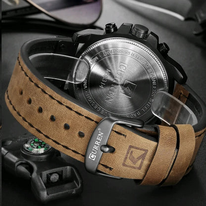 Curren 8314 Sports Six-Hand Waterproof Leather Strap Calendar Men Quartz Watch, Color: Black Shell Khaki - Leather Strap Watches by Curren | Online Shopping South Africa | PMC Jewellery | Buy Now Pay Later Mobicred