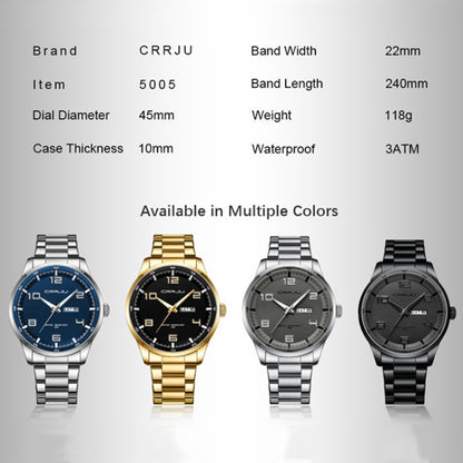 CRRJU 5005 Men Steel Strap Watch Simple Business Personalized Waterproof Watch With Calendar Display(Silver) - Metal Strap Watches by CRRJU | Online Shopping South Africa | PMC Jewellery | Buy Now Pay Later Mobicred