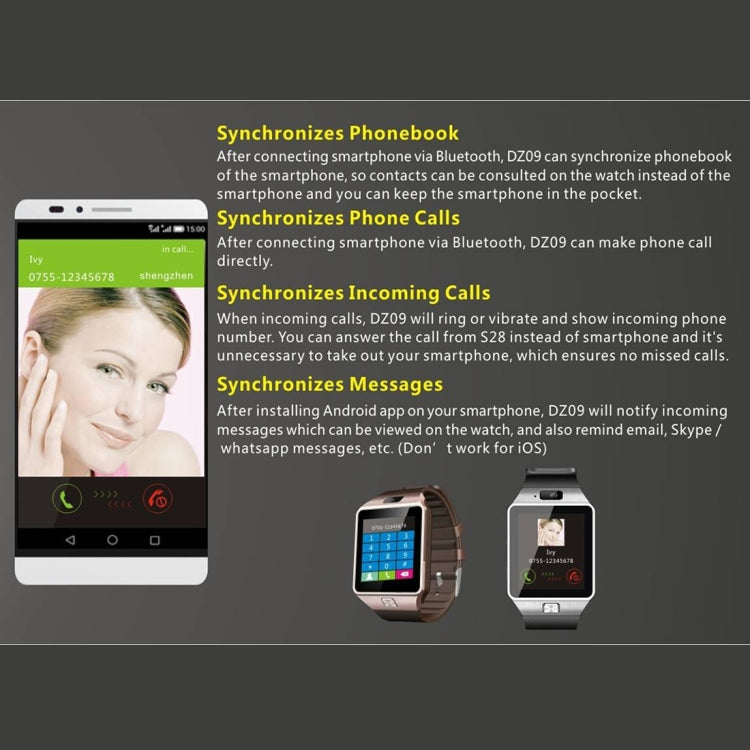 DZ09 1.56 inch Screen Bluetooth 3.0 Android 4.1 OS Above Smart Watch Phone with Bluetooth Call & Call Reminder & Sleep Monitor & Pedometer & Sedentary Reminder & Calendar & SMS & Audio and Video Player & Anti-loss Function(Gold) - Smart Watches by PMC Jewellery | Online Shopping South Africa | PMC Jewellery | Buy Now Pay Later Mobicred