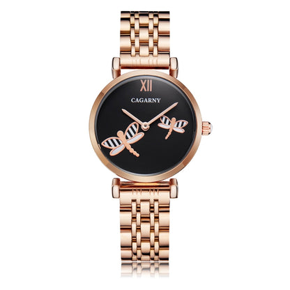 CAGARNY 6880 Fashion Life Waterproof Dragonfly Black Background Gold Steel Band Quartz Watch - Metal Strap Watches by CAGARNY | Online Shopping South Africa | PMC Jewellery | Buy Now Pay Later Mobicred