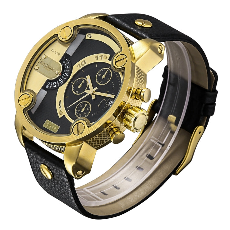 CAGARNY 6818 Fashionable DZ Style Large Dial Dual Clock Quartz Movement Sport Wrist Watch with Leather Band & Calendar Function for Men(Black Band Gold Case) - Leather Strap Watches by CAGARNY | Online Shopping South Africa | PMC Jewellery | Buy Now Pay Later Mobicred