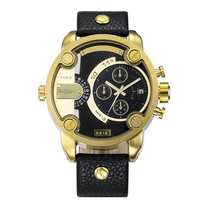 CAGARNY 6818 Fashionable DZ Style Large Dial Dual Clock Quartz Movement Sport Wrist Watch with Leather Band & Calendar Function for Men(Black Band Gold Case) - Leather Strap Watches by CAGARNY | Online Shopping South Africa | PMC Jewellery | Buy Now Pay Later Mobicred