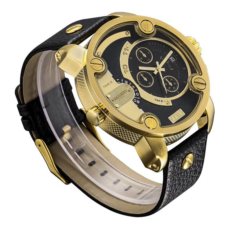 CAGARNY 6818 Fashionable DZ Style Large Dial Dual Clock Quartz Movement Sport Wrist Watch with Leather Band & Calendar Function for Men(Black Band Gold Case) - Leather Strap Watches by CAGARNY | Online Shopping South Africa | PMC Jewellery | Buy Now Pay Later Mobicred