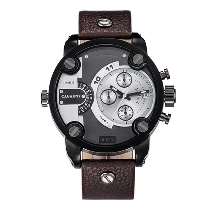 CAGARNY 6818 Fashionable DZ Style Large Dial Dual Clock Quartz Movement Sport Wrist Watch with Leather Band & Calendar Function for Men(Brown Band Black Case) - Leather Strap Watches by CAGARNY | Online Shopping South Africa | PMC Jewellery | Buy Now Pay Later Mobicred