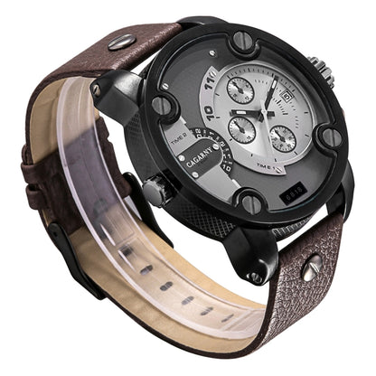 CAGARNY 6818 Fashionable DZ Style Large Dial Dual Clock Quartz Movement Sport Wrist Watch with Leather Band & Calendar Function for Men(Brown Band Black Case) - Leather Strap Watches by CAGARNY | Online Shopping South Africa | PMC Jewellery | Buy Now Pay Later Mobicred