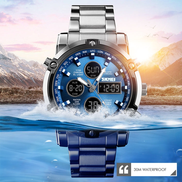 SKMEI 1389 Multifunctional Men Business Digital Watch 30m Waterproof Large Dial Wrist Watch with Stainless Steel Watchband (Blue) - Metal Strap Watches by SKMEI | Online Shopping South Africa | PMC Jewellery | Buy Now Pay Later Mobicred