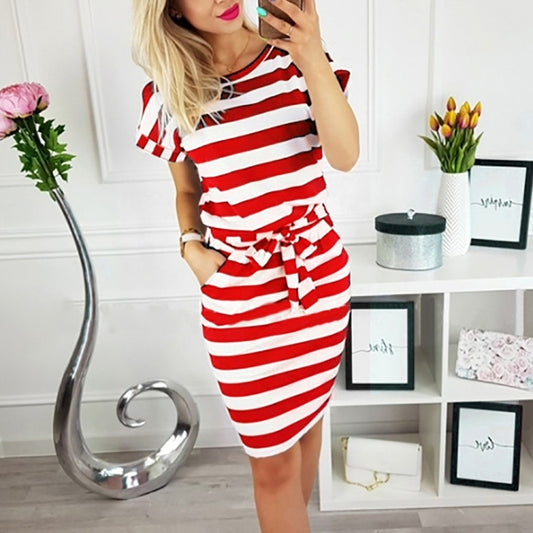 Slim-fit Waist Slimming Round Neck Striped Belt Dress (Color:Thick Red Size:XL) - Dress by PMC Jewellery | Online Shopping South Africa | PMC Jewellery