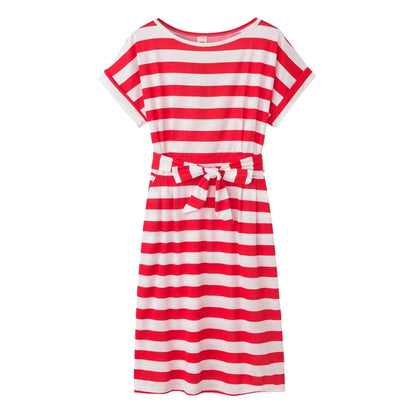 Slim-fit Waist Slimming Round Neck Striped Belt Dress (Color:Thick Red Size:XL) - Dress by PMC Jewellery | Online Shopping South Africa | PMC Jewellery