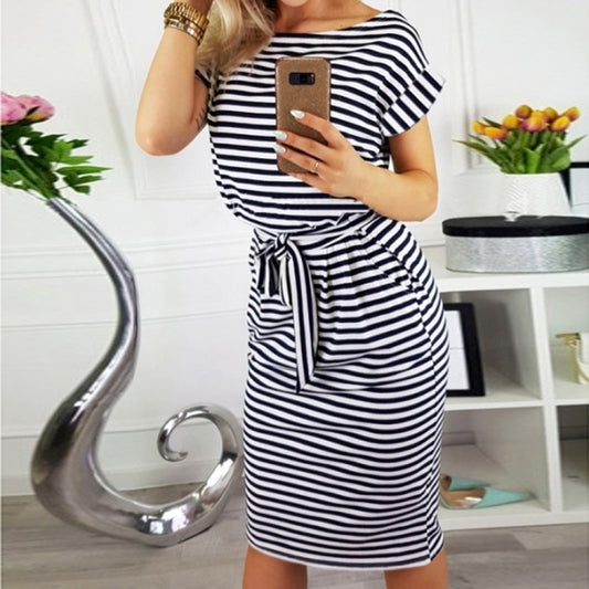 Slim-fit Waist Slimming Round Neck Striped Belt Dress (Color:Pinstripe Black Size:M) - Dress by PMC Jewellery | Online Shopping South Africa | PMC Jewellery